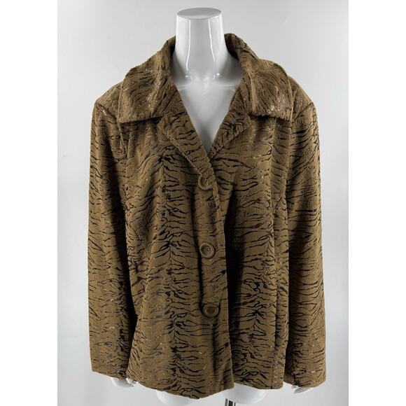 Erin Womens Faux Fur Jacket Coat Plus Size 3X Tiger Print Fuzzy Brown Button Up - Picture 1 of 7